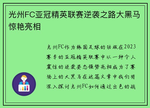 光州FC亚冠精英联赛逆袭之路大黑马惊艳亮相 光州FC亚冠精英联赛逆袭之路大黑马惊艳亮相